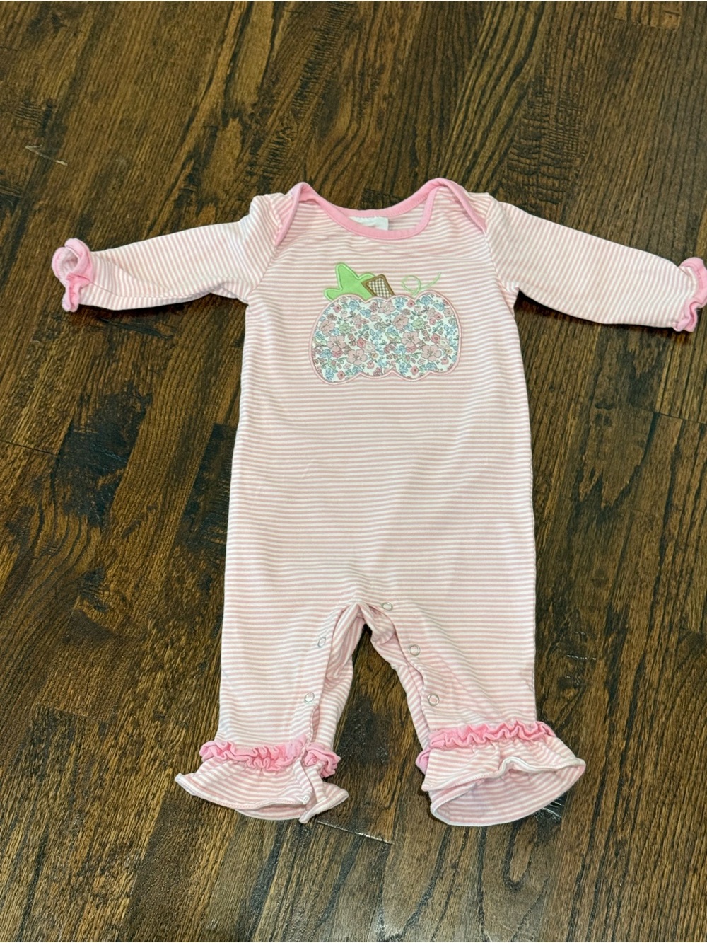 Girls Boutique Stitchy Fish Striped Floral Appliqué Pumpkin Ruffle Romper 6 Mo